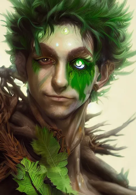 Image similar to A realistic anime portrait of a handsome dryad clown with glowing green eyes and tree bark skin wearing clothes made of leaves, digital painting, by Stanley Artgerm Lau, Sakimichan, WLOP and Rossdraws, digtial painting, trending on ArtStation, SFW version