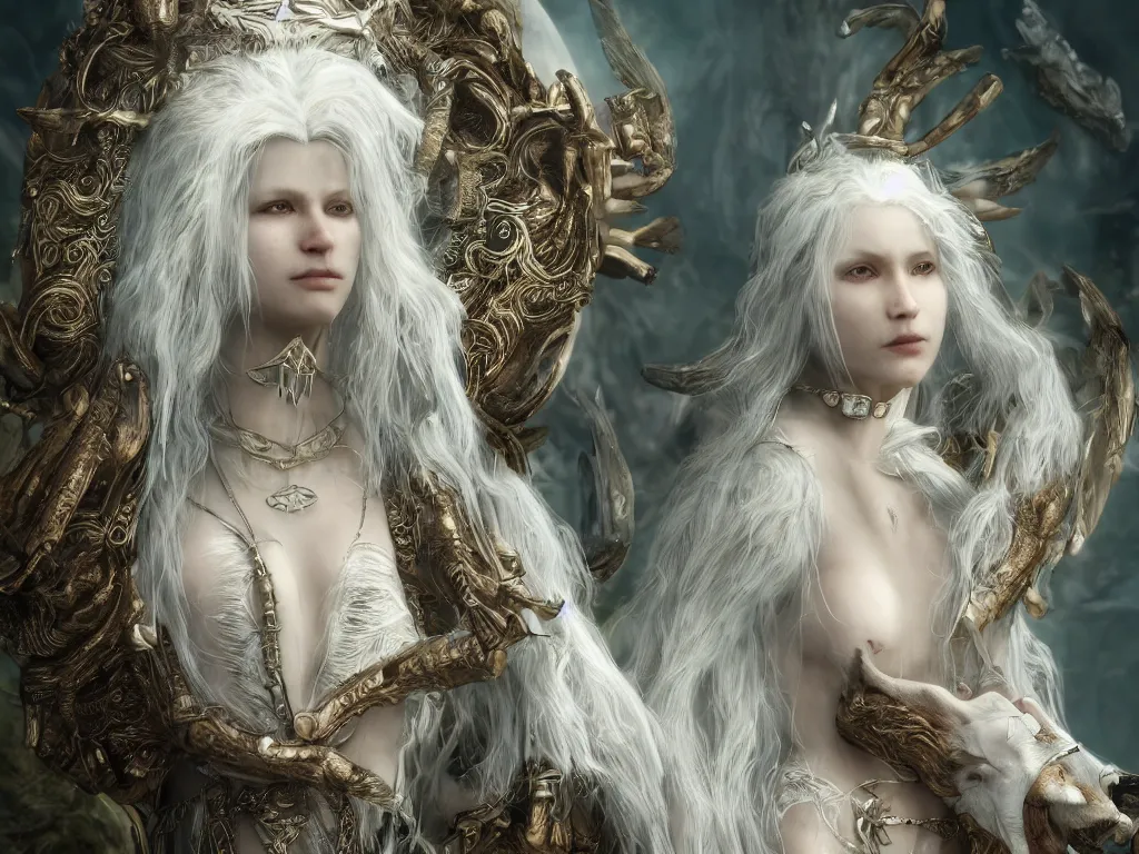 Image similar to !dream solarpunk white wolf high priest realistic, cinematic style, filmed in 70mm , divine realm of gods, angelic face, volumetric lighting, octane render, ethereal, super fine details, intricate jewelry, photographic, concept art, artist Leonardo DaVinci, unreal engine, 8k,