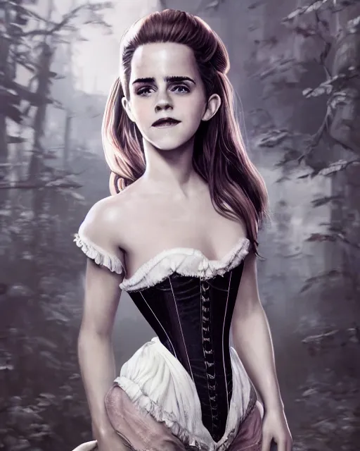 Image similar to full shot portrait painting of very beautiful emma watson standing as white maiden in revealing stockings corset noir streets, character design by mark ryden and pixar and hayao miyazaki, unreal 5, daz, hyperrealistic, octane render, cosplay, rpg portrait, dynamic lighting, intricate detail, cinematic