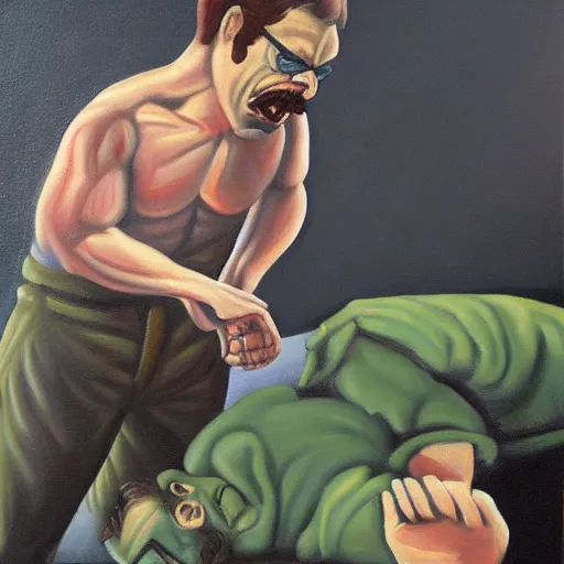 Prompt: oil painting of ned flanders punching a sinner so hard his ribs collapse