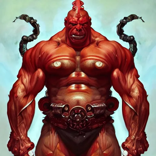 Prompt: portrait of muscular red orc, symmetrical, D&D character art, portrait, digital painting, concept art, intricate, mogul khan, Peter Mohrbacher, Alphonse Mucha, Brian Froud, Yoshitaka Amano, Kim Keever, Victo Ngai, James Jean