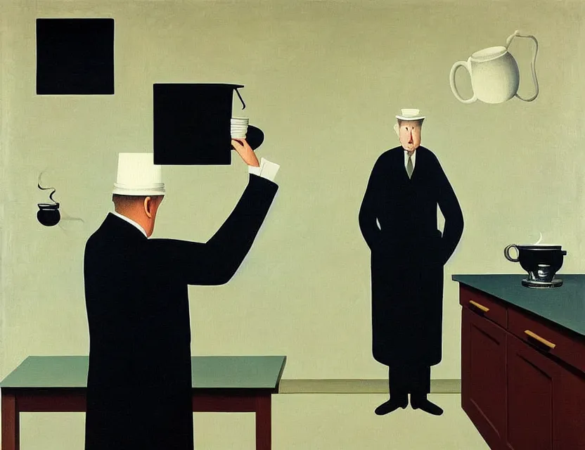 Image similar to a painting of a old dusty professor making a study of drinking 1 0 cups of coffee into a droste effect, dark monday mood in a kitchen that is slowly melting, styled and painted by rene magritte