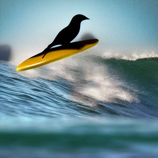 Image similar to Bird surfing on a surfboard, high detail photo, 8K, very beautiful, award winning