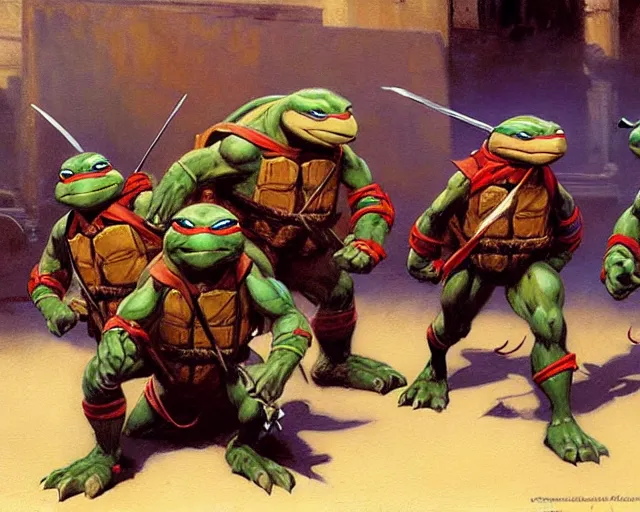 Image similar to teenage mutant ninja turtles, painting by gaston bussiere, craig mullins, j. c. leyendecker