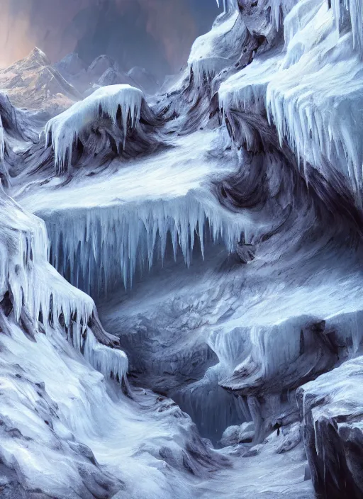 Prompt: icy mountaintop cave, extremely detailed oil painting, unreal 5 render, digital art, landscape painting, octane render, beautiful composition, trending on artstation, award winning photograph, masterpiece