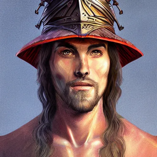 Prompt: Doran, a human warrior wearing a fancy hat, 8k resolution, full-length portrait, digital painting, fantasy illustration, D&D character art