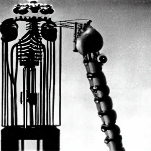 Prompt: a Karl Blossfeldt flower robot in the film Metropolis by Fritz Lang reimagined by Industrial Light and Magic