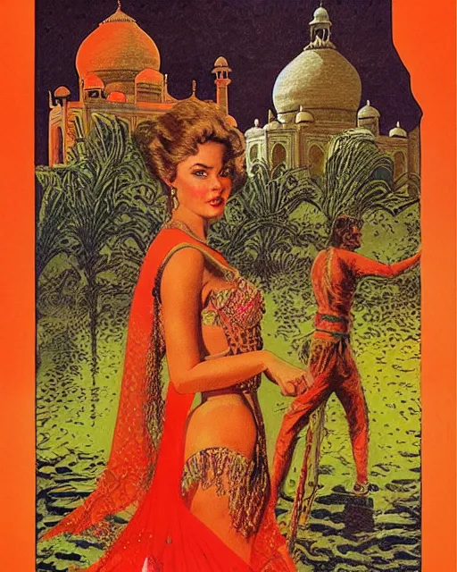Prompt: tuesday weld visits the taj mahal by virgil finlay and mort kunstler, bbwchan