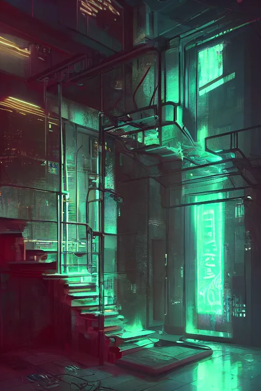 Image similar to a basement staircase, neon lights, cyberpunk style, digital painting, concept art, smooth, sharp focus, hyperrealistic, illustration, artstation trending, octane render, unreal engine, ambient light, dynamic lighting, magical, dark vibes, Cyberpunk 2077