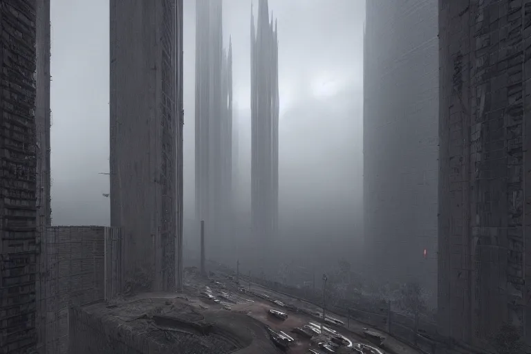 Image similar to extremely detailed cathedral of brutalist architecture, buildings covered with greebles, steel, concrete, mist, night, dramatic lighting, trending on Artstation, 8k, photorealistic, hyper detailed, unreal engine 5, IMAX quality, cinematic, epic lighting, in the style of Greg Rutkowski