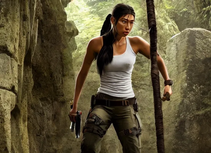 Image similar to film still of!!!! amber midthunder!!! as lara croft in new tomb raider movie, 8 k