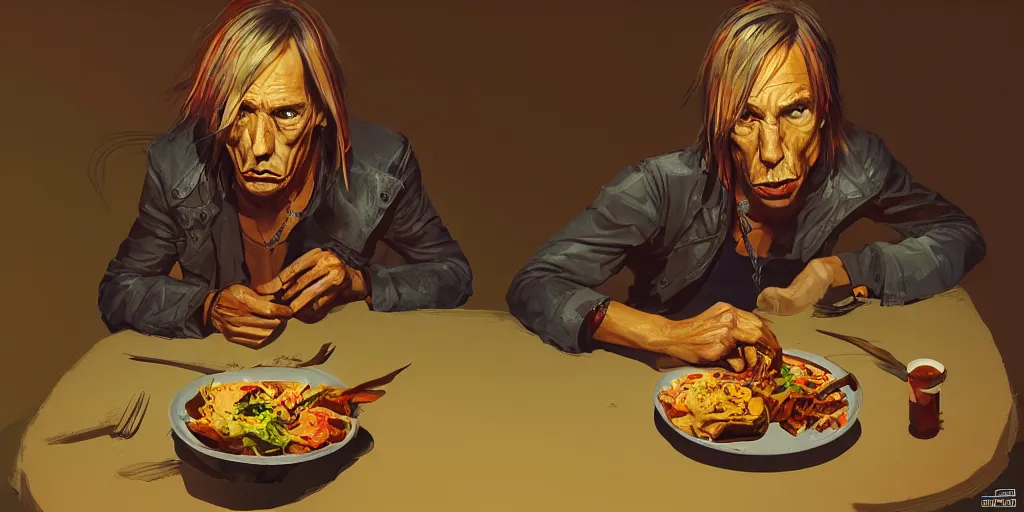 Prompt: cartoonish iggy pop eating dinner, vivid colors, character sheet, fine details, concept design, contrast, kim jung gi, greg rutkowski, trending on artstation, 8 k, full body, turnaround, front view, back view, ultra wide angle