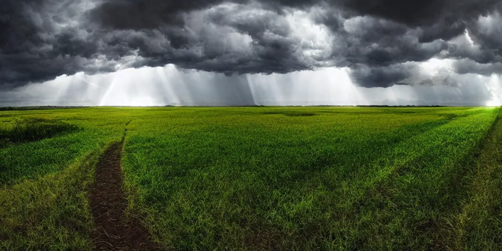 Image similar to detailed fields nature, super storm, hyper - realistic, impressive, atmospheric, god rays, cinematic, deep colors, very high complexity, stunning, masterpiece, 3 5 mm, very detailed. 4 k