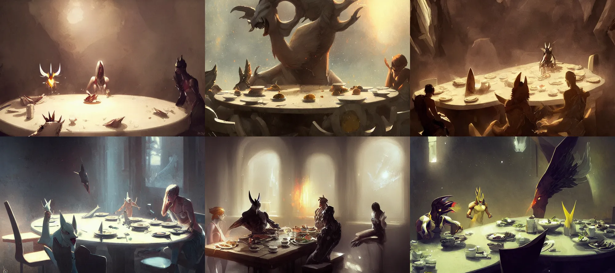 Prompt: arceus eating dinner at a table happiness is temporary by greg rutkowski