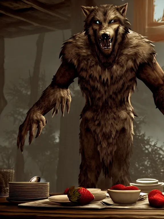 Image similar to cute handsome cuddly burly surly relaxed calm timid werewolf from van helsing sitting down at the breakfast table in the kitchen of a normal country home cooking having fun lighthearted whimsy whimsical baking strawberry tart cakes unreal engine hyperreallistic render 8k character concept art masterpiece screenshot from the video game the Elder Scrolls V: Skyrim