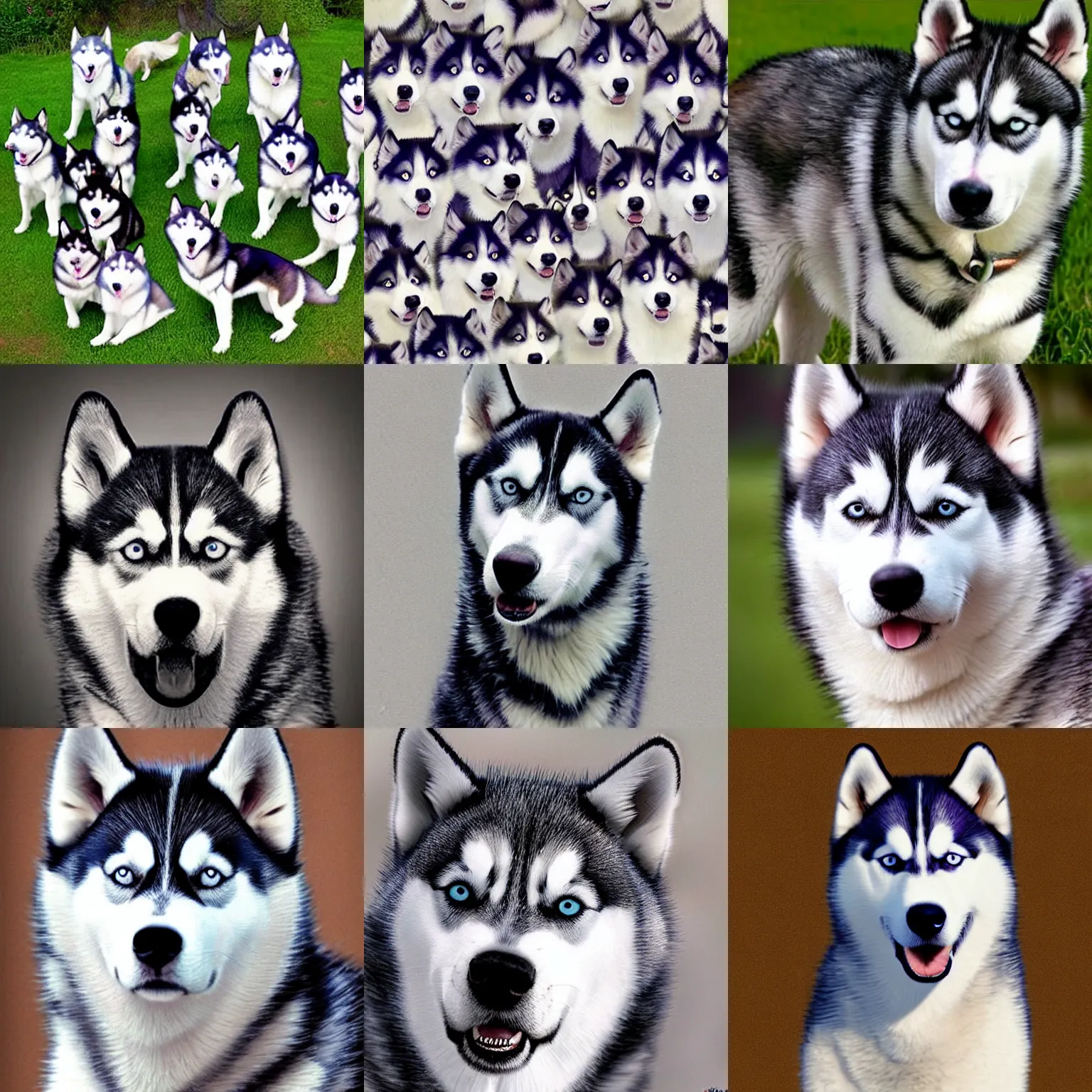 Prompt: a husky portrait made out of dozens of smaller huskies