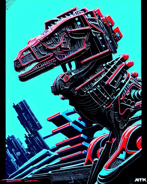 Image similar to a cyberpunk mech cyborg t - rex dinosaur, transformer, high details, symmetry, bold line art, by vincent di fate and joe fenton, inking, etching, screen print, masterpiece, trending on artstation, sharp, high contrast, hyper - detailed,, hd, 4 k, 8 k