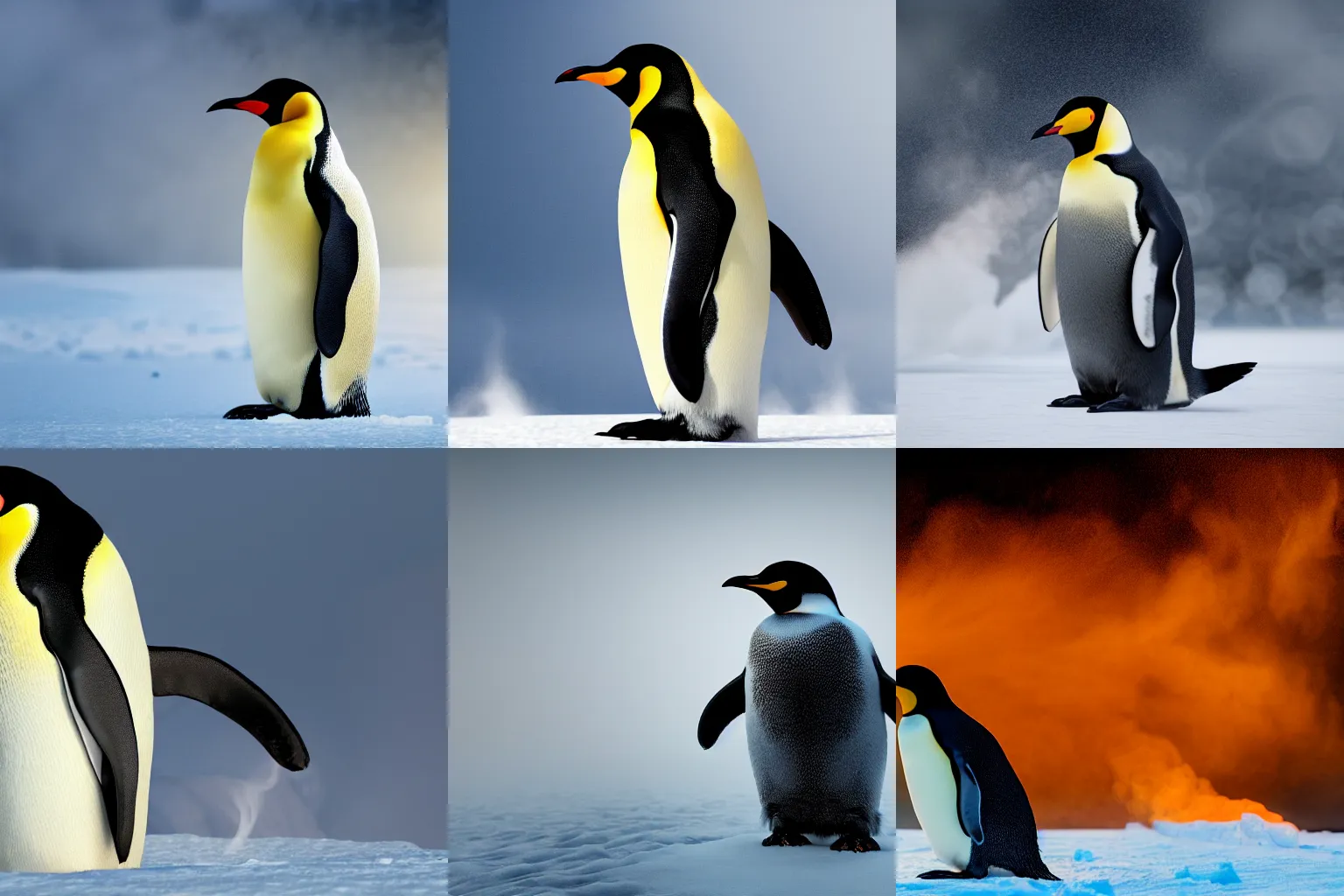 Prompt: ultra detailed octane render of an emperor penguin, volumetric lighting, post processing, after effects, smoke, shadows and natural lighting, dramatic pose, steam rising, snowy background, ultra high detail, ultra fine hair, ultra fine texture, hyper realistic,