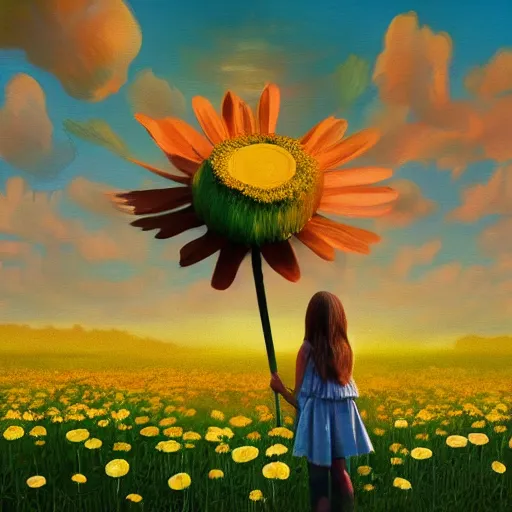 Image similar to giant daisy flower face, girl standing in a flower field, surreal photography, sunrise dramatic light, impressionist painting, colorful clouds, digital painting, artstation, simon stalenhag, flower face