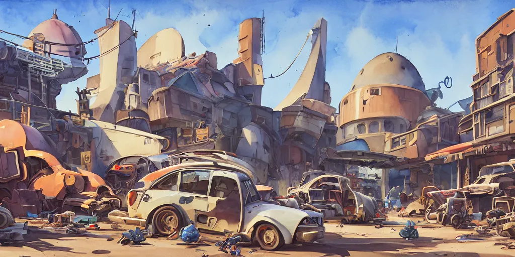 Prompt: overwatch building, stylized, exterior, architecture, in watercolor gouache detailed paintings, insanely detail, artstation, 8 k, futuristic, big medium small, arcane, simon stalenhag, food stall, interesting shapes & form, golden ratio, megastructures, desolate landscape, desert, slums, junkyard, oriental, asian, japanese alleyway