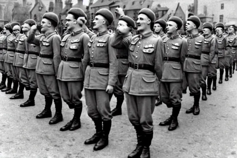 Prompt: minions as german soldiers in ww 2, goose stepping, military parade, dress uniforms