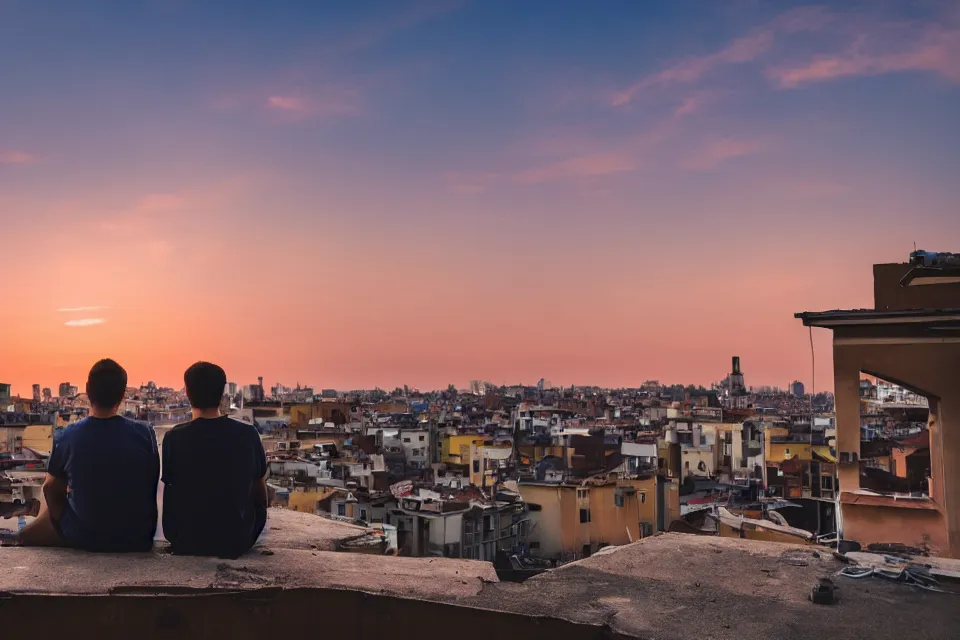 Image similar to two guys are sitting on the roof of a house against the background of the city during sunset