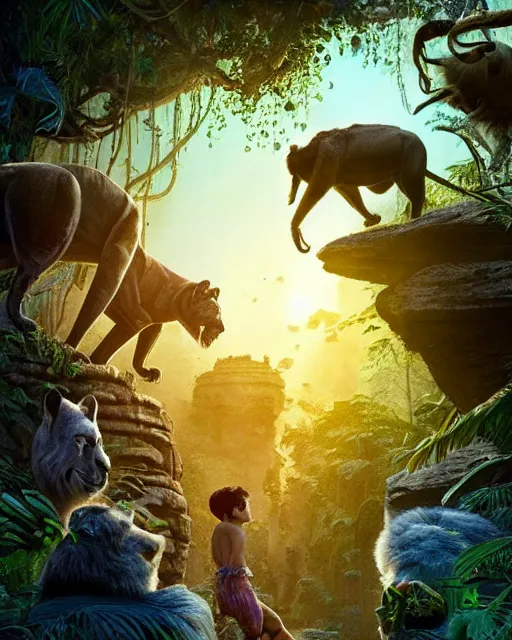 Prompt: still from the jungle book if made by elon musk and bill gates, portrait, illustration, rim light, top light, summer clear blue sky, perfectly shaded, soft painting, epic, intricate, art