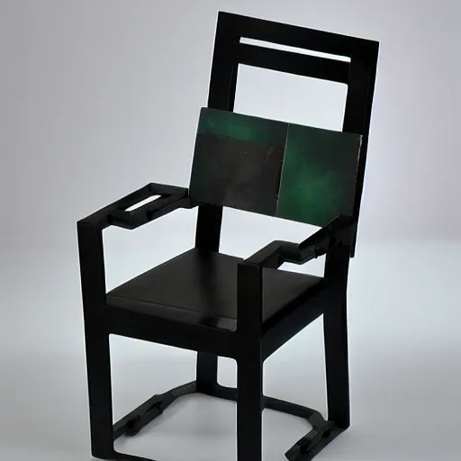 Prompt: blocks, angular by bill ward jade sculpture. a kinetic sculpture of a metal chair with a seatbelt attached to it. the chair is placed in the center of a room & the seatbelt is used to strap a person into the chair. the person is then unable to move & at the mercy of the chair.