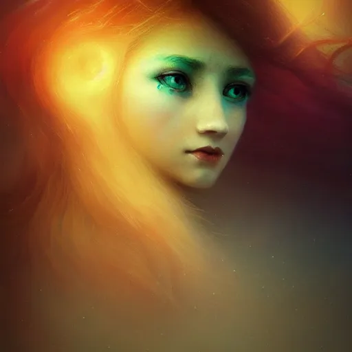 Image similar to three-quarters portrait, skin flaking off like burnt paper, different colored multicolored eyes, long flowing hair underwater, imagination cosmic dream, dreamy, 8k artgerm bokeh, award winning photography, trending on artstation, by Ivan Aivazovsky and Odilon Redon