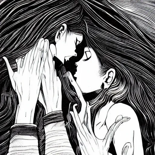 Image similar to two monstrous women kissing each other with long spiraling lips, eldritch abomination, horror manga illustration by junji ito, key visual, monochromatic