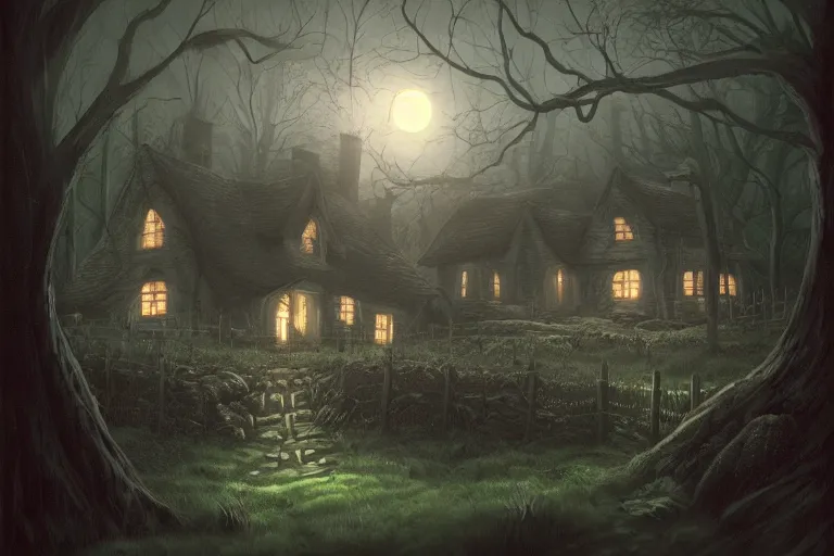 Prompt: an unsettling little cottage in a forest hollow at midnight lit by moonlight, h. p. lovecraft, trending on artstation