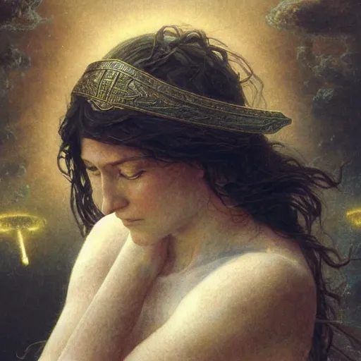 Image similar to Birth of Athena from the head of Zeus, hyperrealism, no blur, 4k resolution, ultra detailed, style of Greg Rutkowski, Carlos Schwabe, Dragan Bibin, Carl Spitzweg, Georges Desvallières, Tyler Edlin