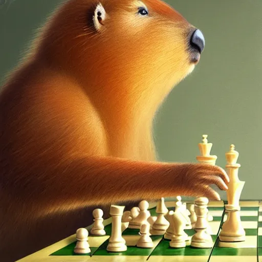 Image similar to detailed photorealistic painting of a cute capybara holding a chess pawn, sharp focus in the style of ruan jia, Mandy jurgens, cinematic light, concept art, trending on artstation, ultra realistic