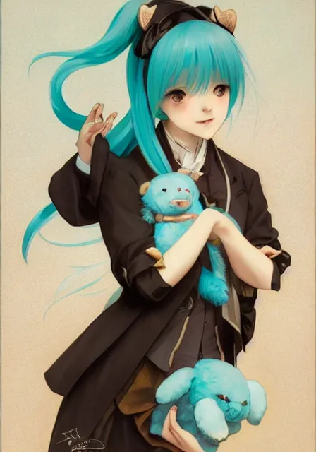 Image similar to hatsune miku holding a teddy bear, intricate, elegant, highly detailed, digital painting, artstation, concept art, smooth, sharp focus, illustration, art by artgerm and greg rutkowski and alphonse mucha and william - adolphe bouguereau