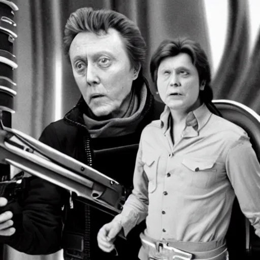 Prompt: Christopher Walken as Han Solo, behind the scenes, dslr, black and white