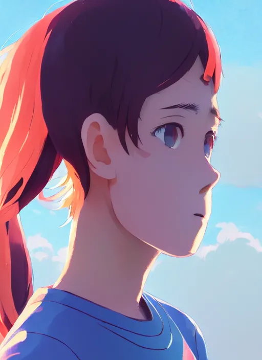 Image similar to side portrait of high school runner girl, sunny sky background stadium landscape illustration concept art anime key visual trending pixiv fanbox by wlop and greg rutkowski and makoto shinkai and studio ghibli and kyoto animation symmetrical facial features sports clothing marathon race nike shirt