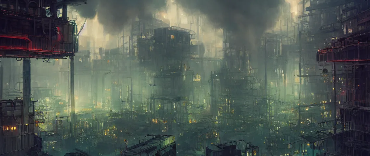 Image similar to dystopian city of factories, lots of smoke rising from chimneys, concept art, digital painting, style of jordan grimmer, dark green lighting, futuristic, volumetric lighting, view from below, symmetrical, vivid colours, bright, daytime, godrays