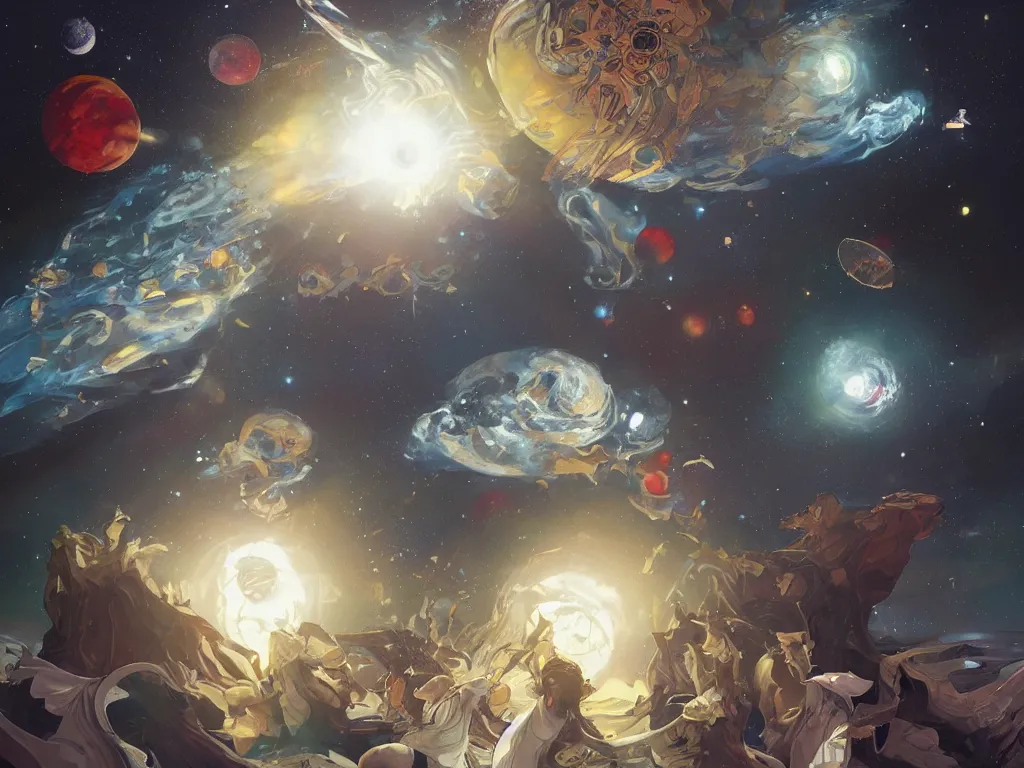 Image similar to A beautiful painting of a five big planets, shining its light, There are five planets that are black, white, yellow, red, and blue, Trending on artstation, concept art, highly detailed, art by Sam Youn and Fernanda Suarez and Artem Demura and alphonse mucha