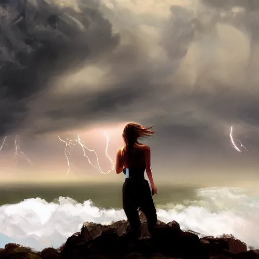 Image similar to A painting of a girl standing on a mountain looking out an approaching storm over the ocean, smooth, dramatic lighting, wind blowing, ocean mist, lightning, artstation