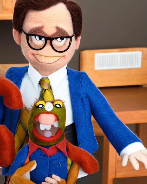 Image similar to dwight schrute as a muppet. highly detailed felt. hyper real photo. 4 k.