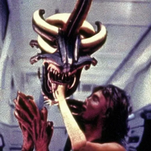 Image similar to xenomorph with a dead dog in its mouth. 1980s big budget movie.