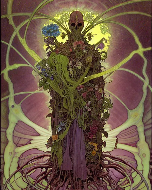 Prompt: the platonic ideal of flowers, rotting, insects and praying of cletus kasady carnage thanos davinci dementor wild hunt chtulu mandelbulb spirited away doctor manhattan bioshock, caustic, ego death, decay, dmt, psilocybin, concept art by alphonse mucha and greg rutkowski and zdzisław beksinski