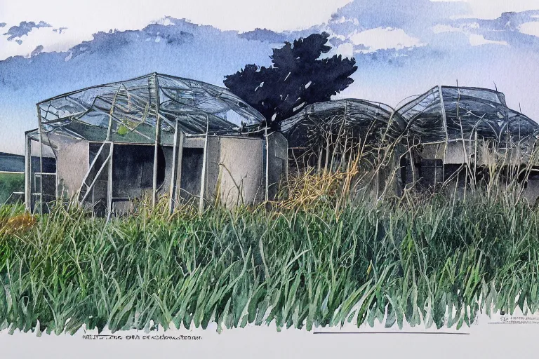 Prompt: a watercolor painting of a building in the grass, an illustration of by Buckminster Fuller, behance, ecological art, concept art, matte drawing, photoillustration