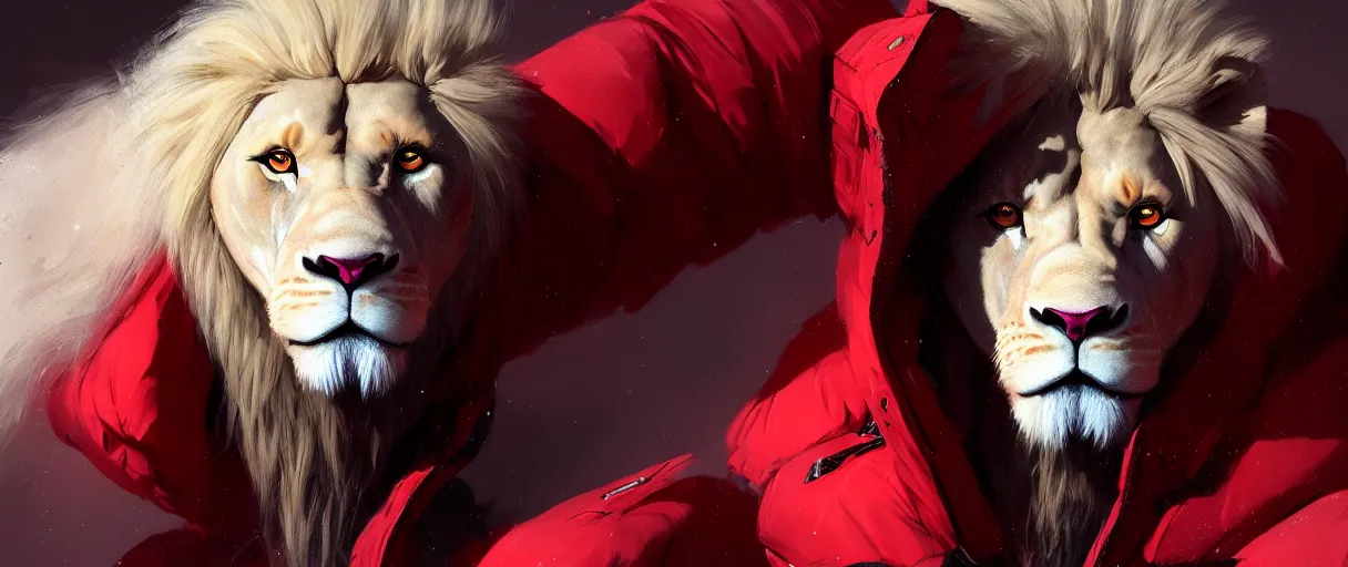 Image similar to commission portrait of a male anthro albino lion wearing a red-black puffer jacket.dramatic,character design by charles bowater,greg rutkowski,ross tran,hyperdetailed,hyperrealistic,4k,deviantart,artstation,professional photography,concept art