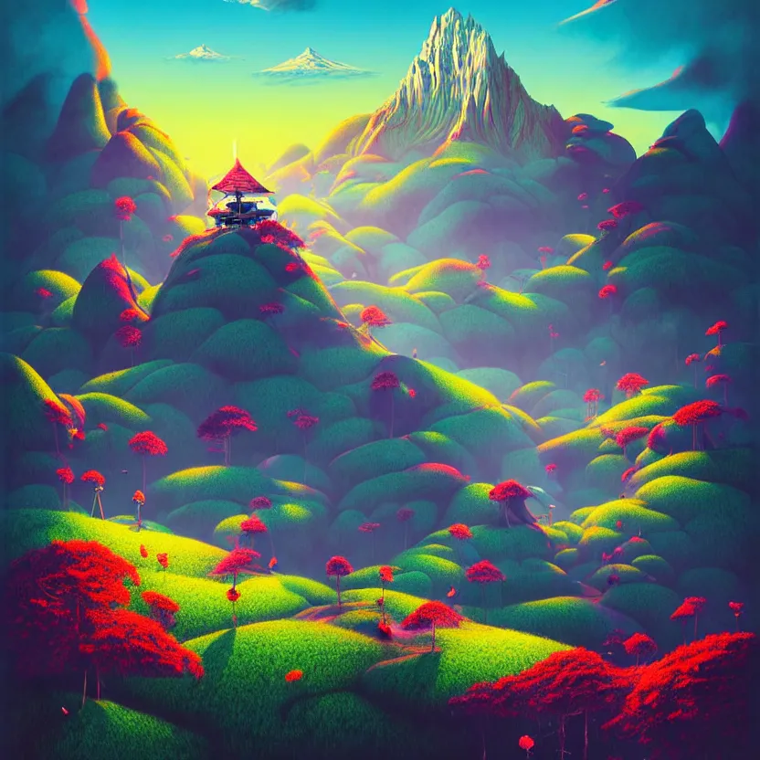 Prompt: fantasy world, kinabalu peak, summer morning, very coherent and colorful high contrast, art by!!!! gediminas pranckevicius!!!! geof darrow, pastel color, volumetric lighting, cinematic, floralpunk screen printing woodblock, dark shadows, hard lighting, stippling art