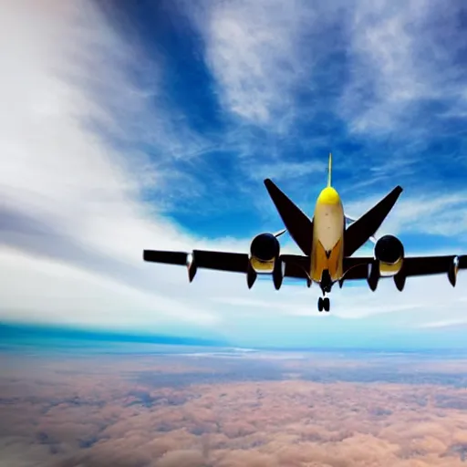 Image similar to pov shot on the back of a flying bird, a plane arriving in front