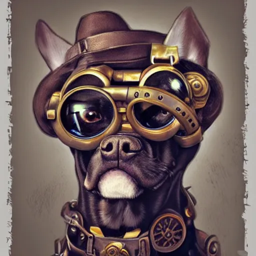 Image similar to a dog with steampunk googles, by ROSS tran