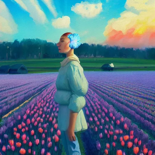 Image similar to girl with a giant tulip head, surreal photography, flower field, sunset dramatic light, impressionist painting, colorful clouds, blue sky, digital painting, artstation, simon stalenhag