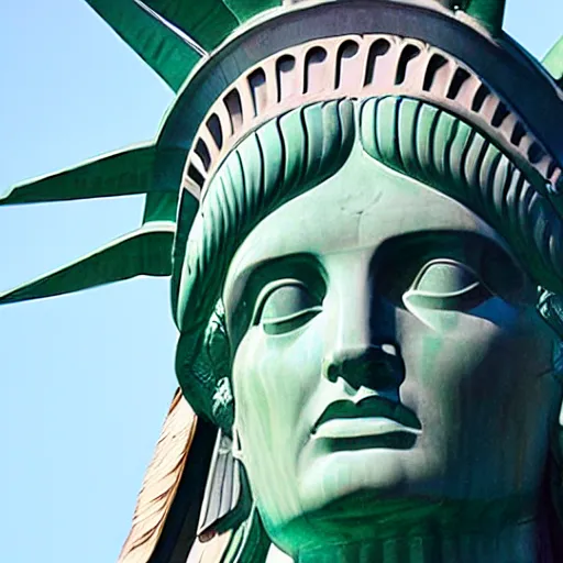 Image similar to the statue of liberty as a native indian with headdress, coper cladding