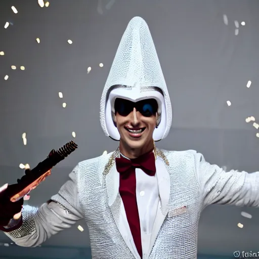 Prompt: vitas wearing white alien costume, holding an intricate futuristic wand, new years eve, 7 th element - n 5